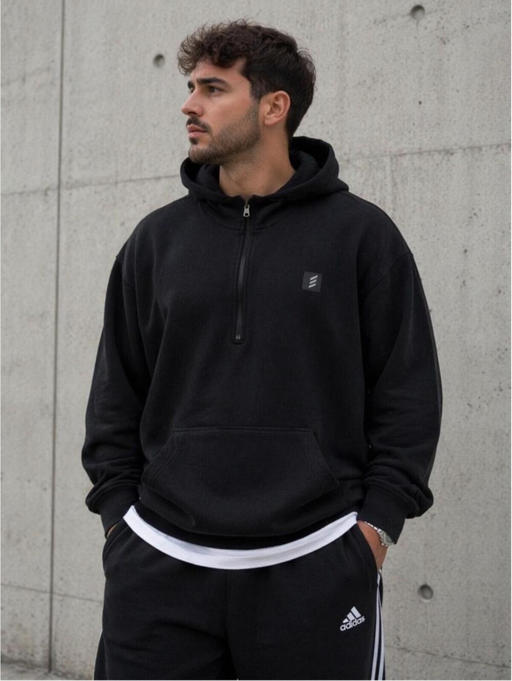 Adidas Adicross Black White 1/2 Zip Hoodie 2XL Oversized Streetwear Basic Modern